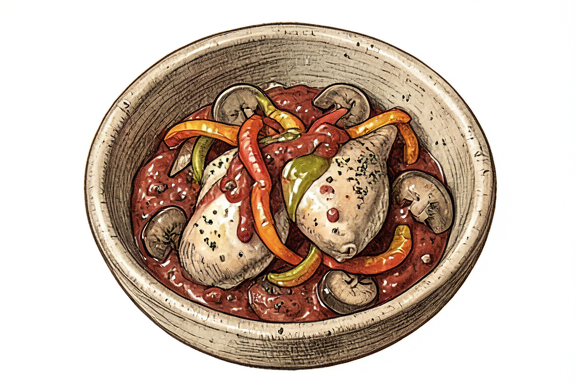 Dolmalık Biber ve Mantarlı Tavuk Cacciatora (Hava Fritözünde)