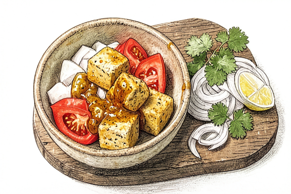 Hava Fritözünde Tofu Kadai ve Soğan Salatası