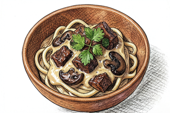 Kremalı Dana Eti ve Mantarlı Stroganoff (Yumurtalı Erişte ile)
