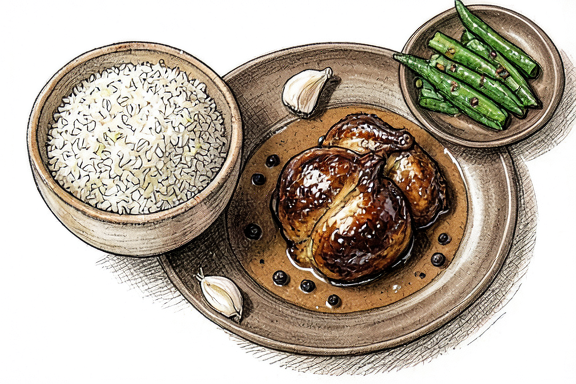 Filipin Usulü Tavuk Adobo (Pilav ve Sote Yeşil Fasulye ile)