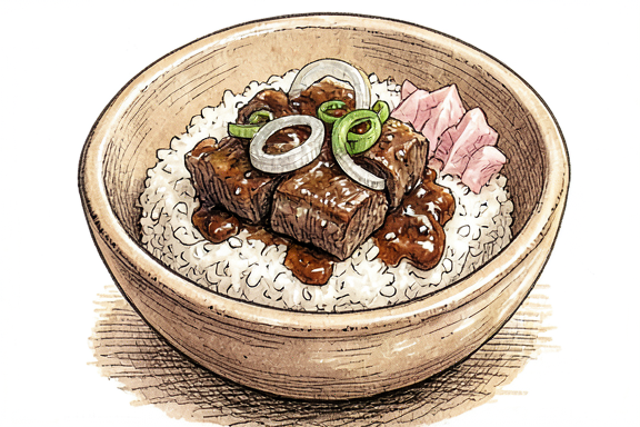 Gyudon (Japon Usulü Sığır Eti Kasesi) ve Buharda Pişmiş Pirinç ile Turşu Zencefil