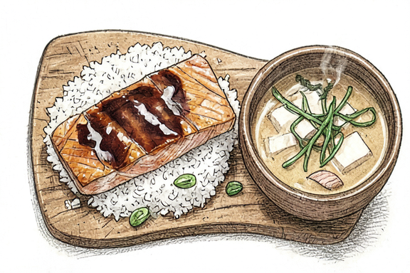 Japon Somon Teriyaki ile Miso Çorbası ve Buharda Pişmiş Pirinç