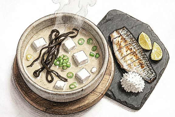 Saba Shioyaki ile Miso Çorbası ve Pilav