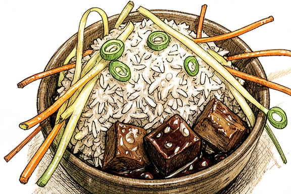 Vietnam Usulü Karamelize Domuz Kasesi (Thit Kho) ile Pilav ve Turşu Daikon